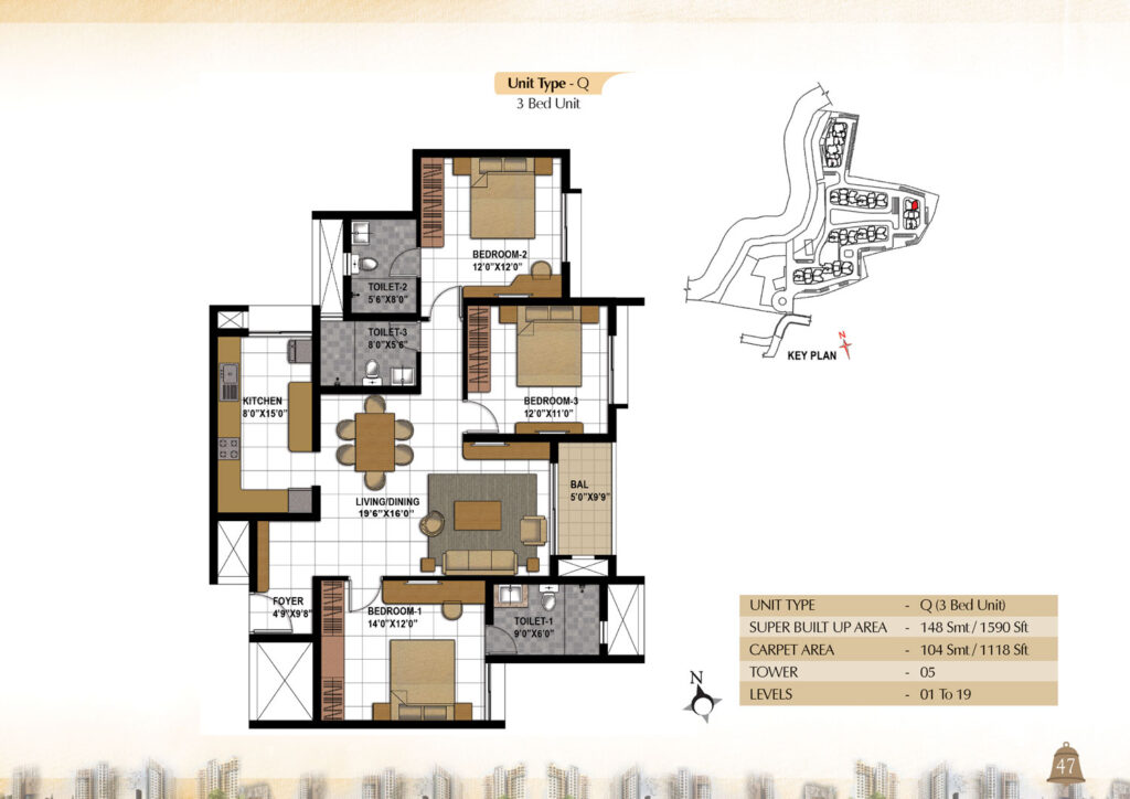 prestige bagamane temple bells, flats in rr nagar bengaluru. 2 br type q