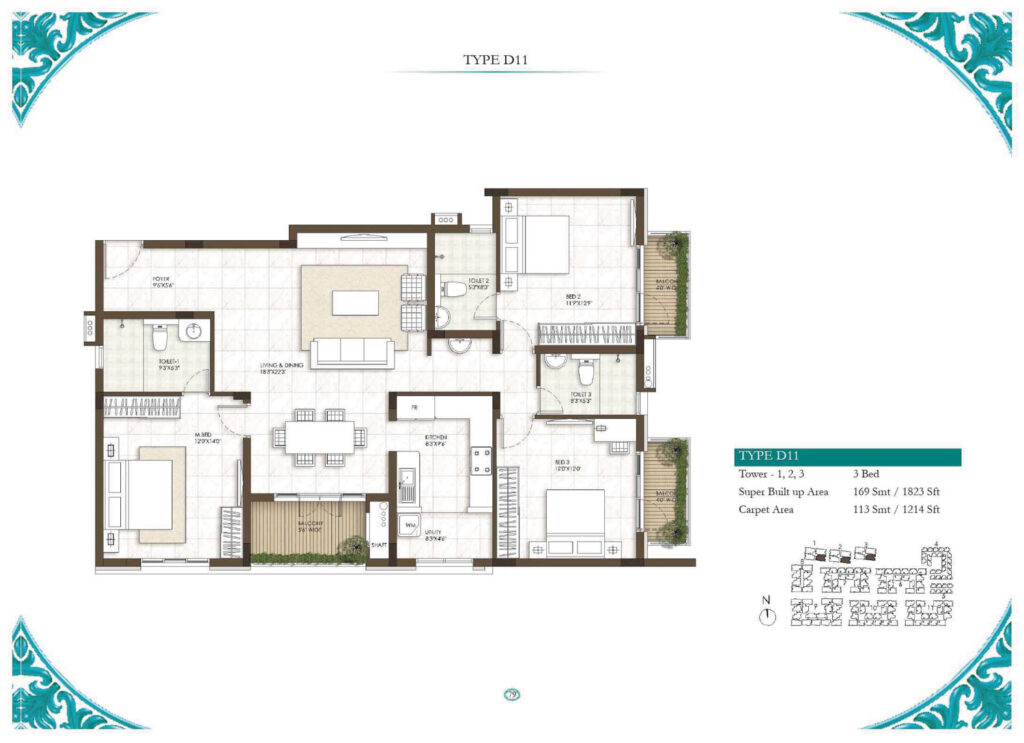 prestige courtyards, flats in sholinganallur chennai. 3br type d11