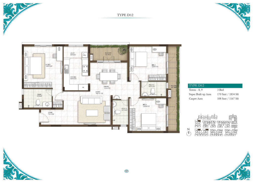 prestige courtyards, flats in sholinganallur chennai. 3br type d12