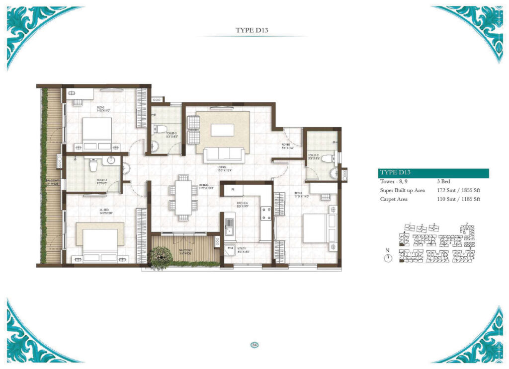 prestige courtyards, flats in sholinganallur chennai. 3br type d13