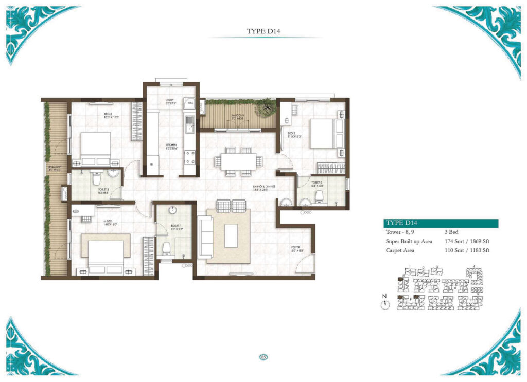 prestige courtyards, flats in sholinganallur chennai. 3br type d14
