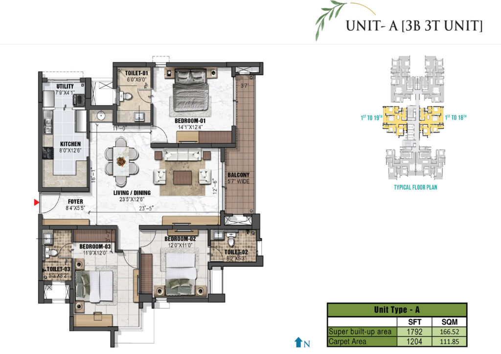 prestige eden garden, flats in cochin kerala. 3br type a