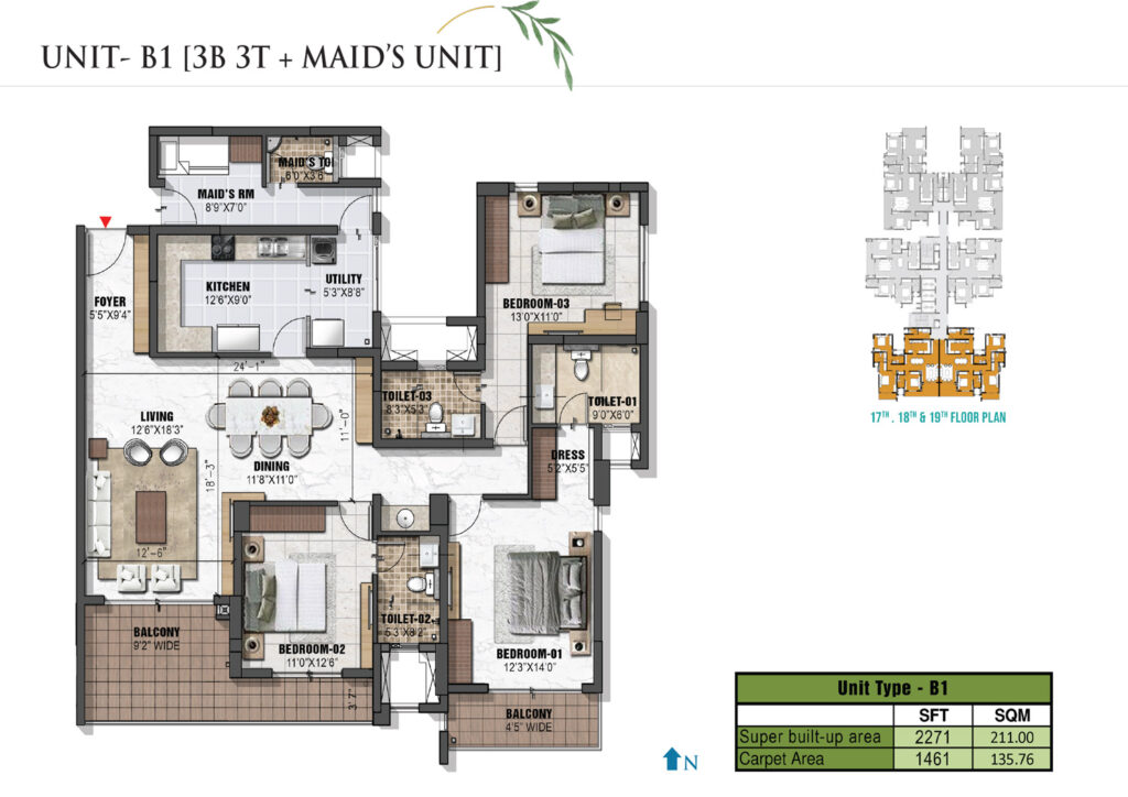 prestige eden garden, flats in cochin kerala. 3br type b1