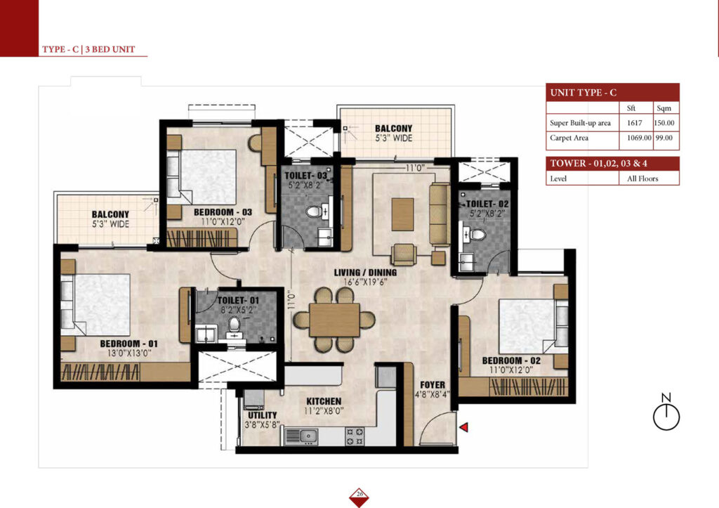 prestige elysian, flats in kalena agrahara bengaluru. 3br type c
