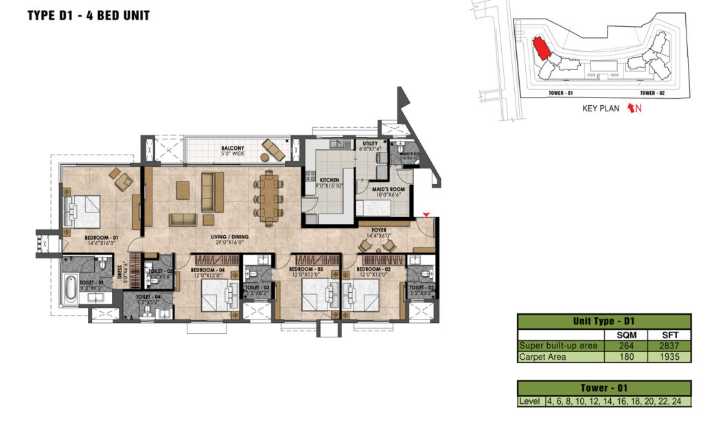 prestige fairfield, flats_in sanjaynagar bengaluru. 4br type d1