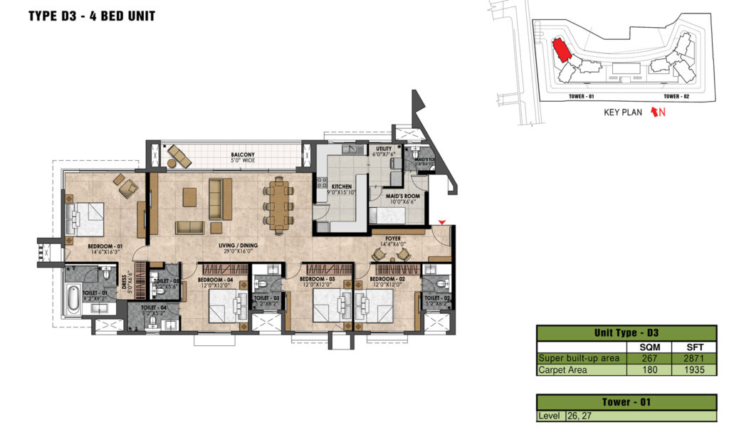 prestige fairfield, flats_in sanjaynagar bengaluru. 4br type d3