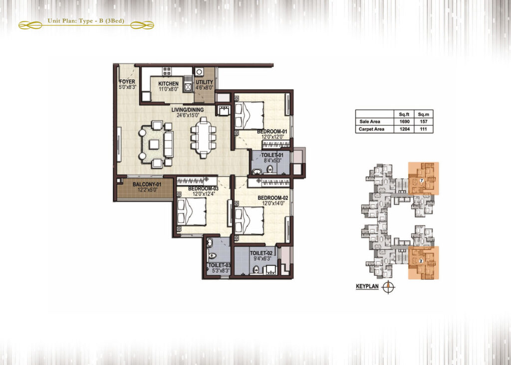 prestige panorama, flats in cochin kerala. 3br type a