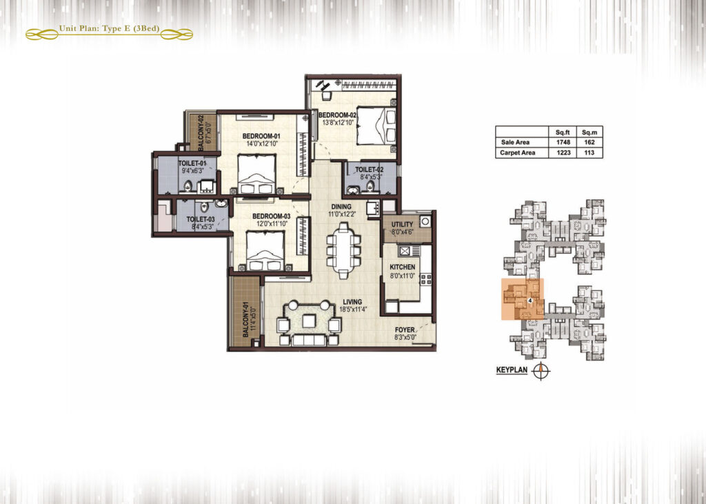 prestige panorama, flats in cochin kerala. 3br type e