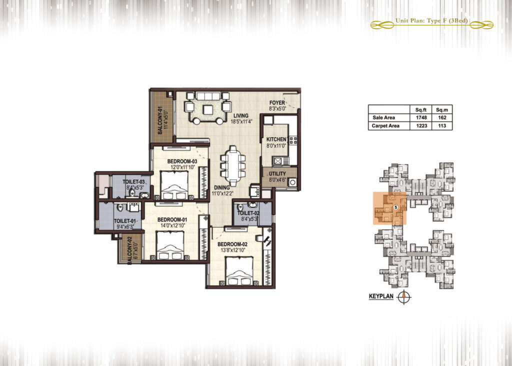 prestige panorama, flats in cochin kerala. 3br type f