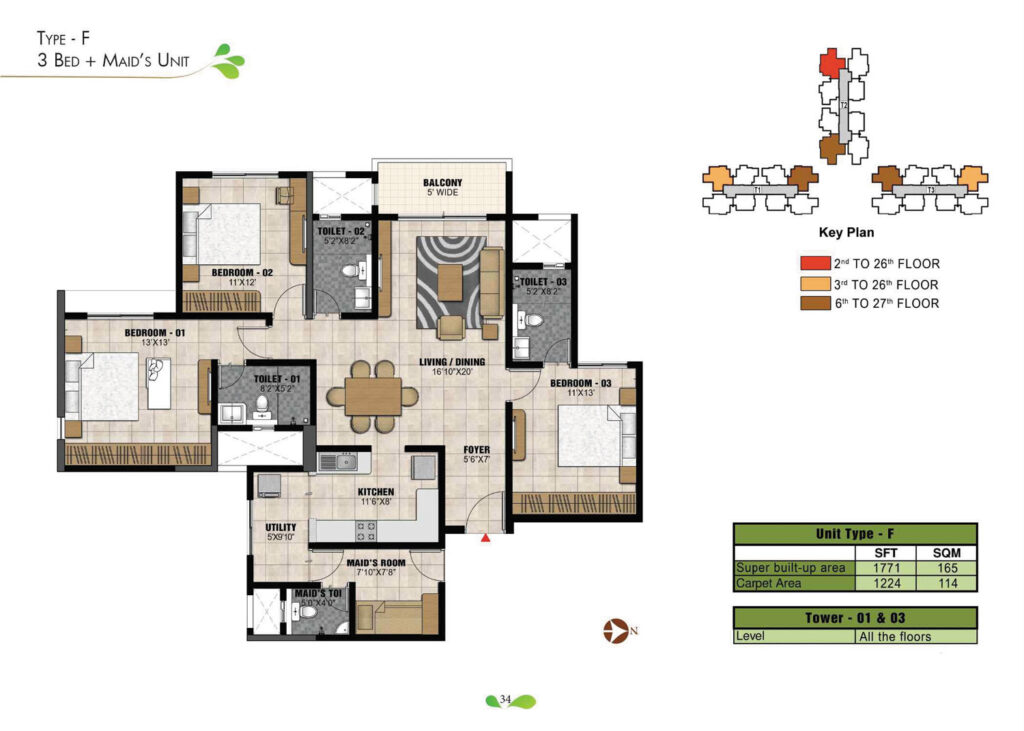 prestige park square, flats in gottigere bangaluru. 3.5br type f