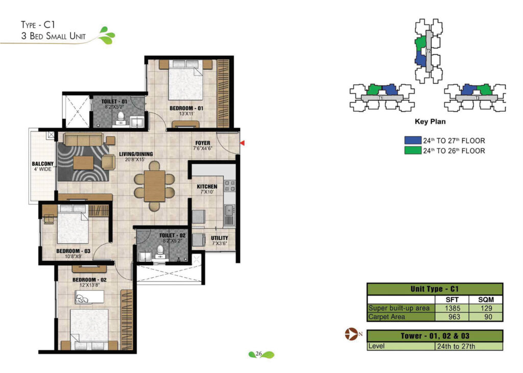 prestige park square, flats in gottigere bangaluru. 3br type c1