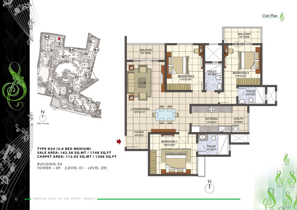 prestige song of the south phase 2, flats in yelenahalli bengaluru. 3br type d24