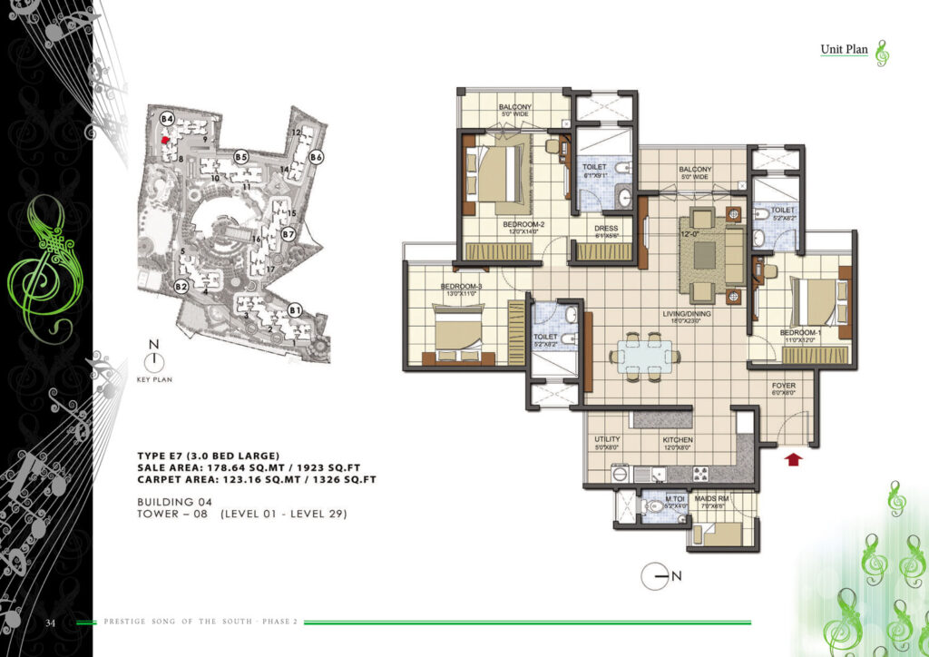 prestige song of the south phase 2, flats in yelenahalli bengaluru. 3br type e7