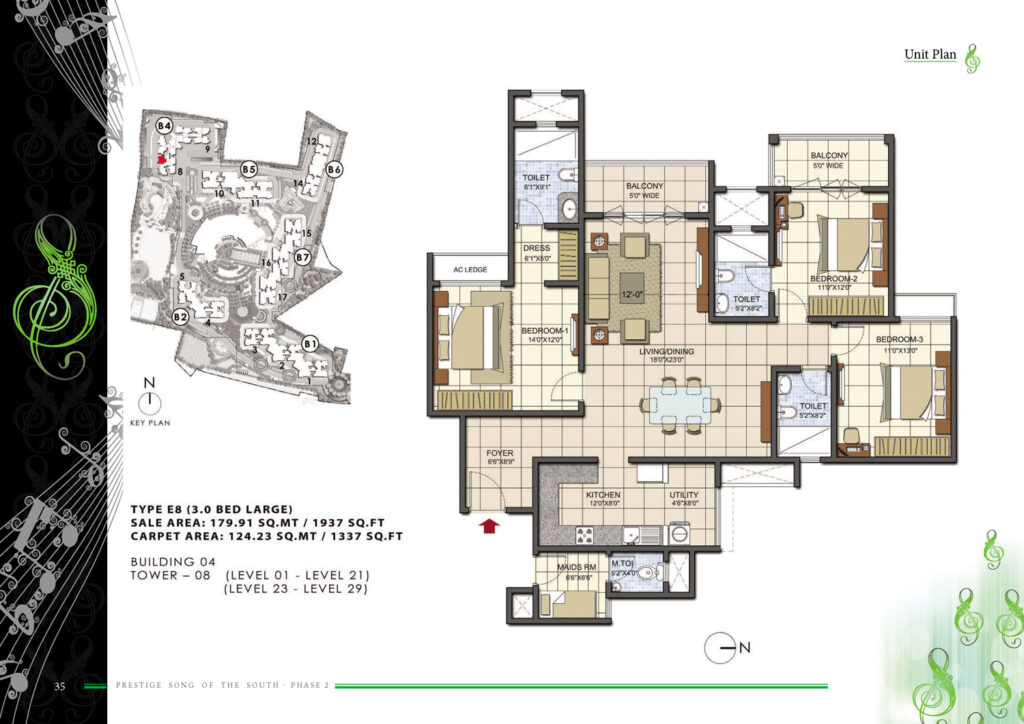 prestige song of the south phase 2, flats in yelenahalli bengaluru. 3br type e8