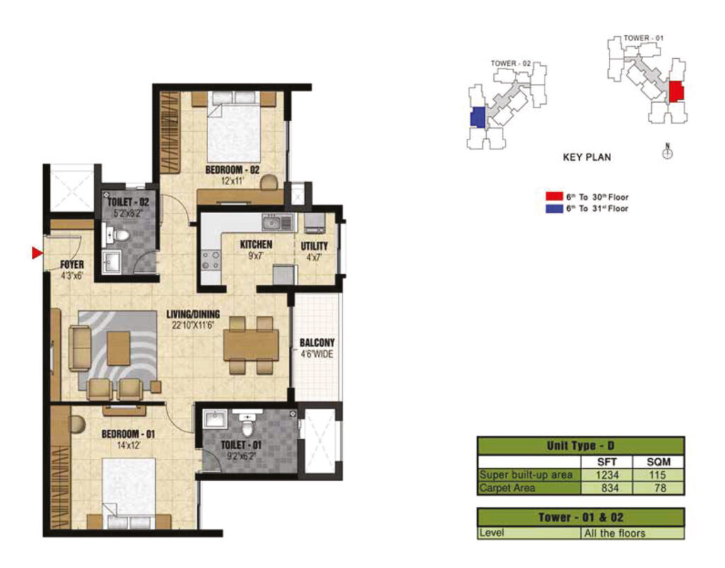 prestige valley crest, flats in bejai mangalore. 2br type d