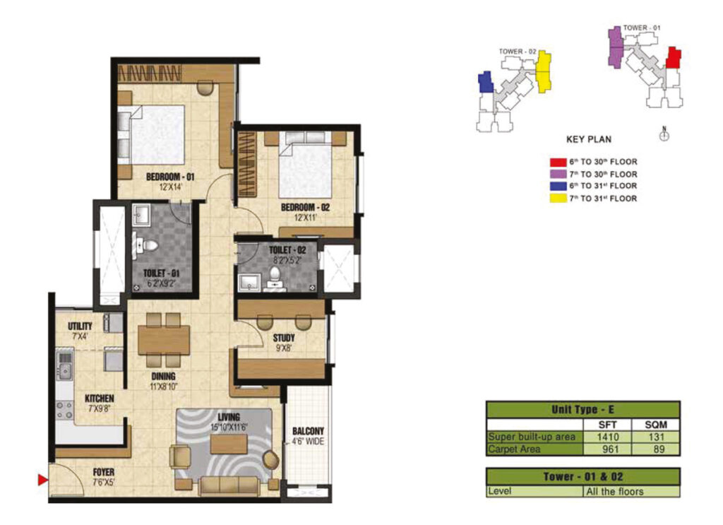 prestige valley crest, flats in bejai mangalore. 2br type e