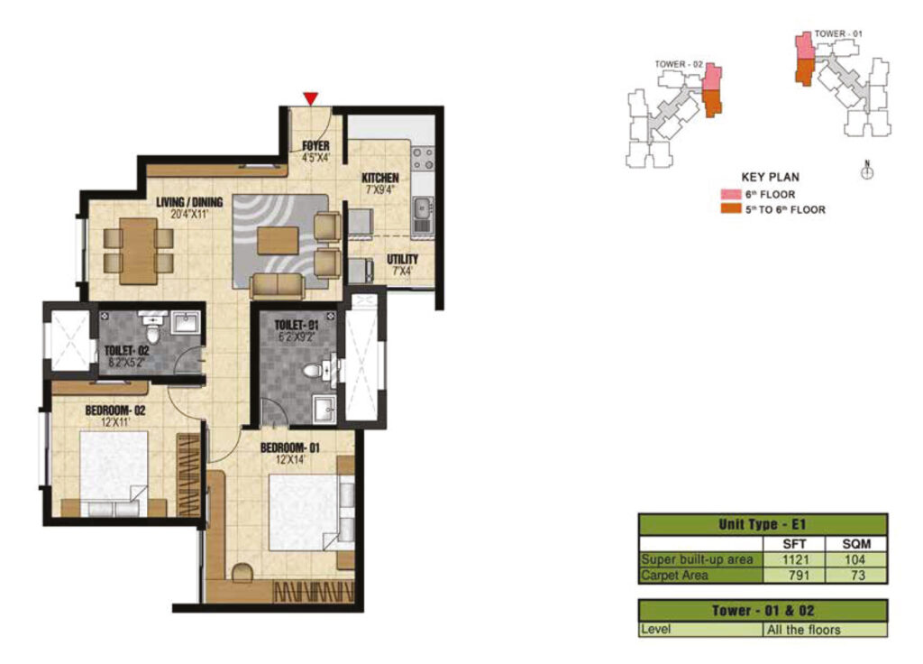 prestige valley crest, flats in bejai mangalore. 2br type e1