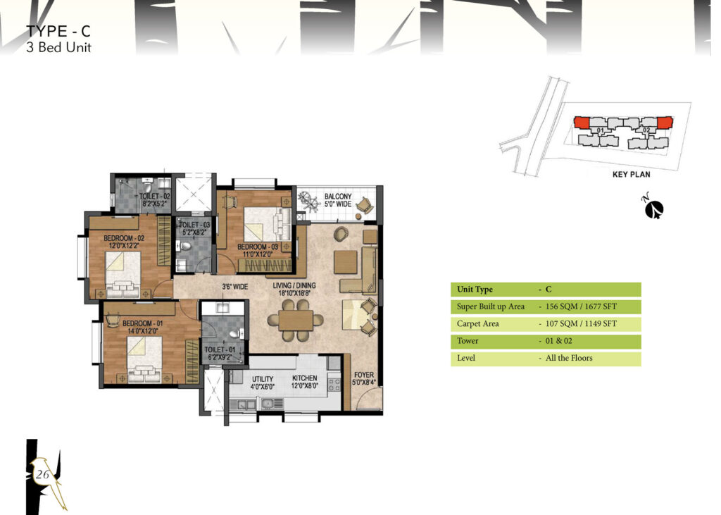 prestige woodland park, flats in cooke town bangaluru. 3br type c