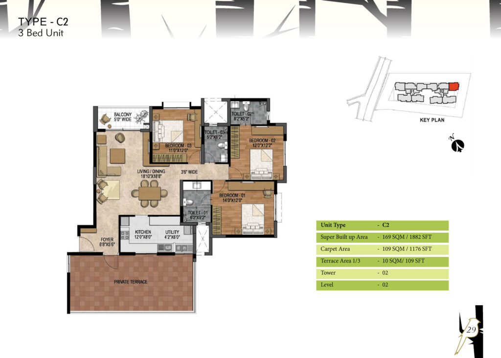 prestige woodland park, flats in cooke town bangaluru. 3br type c2