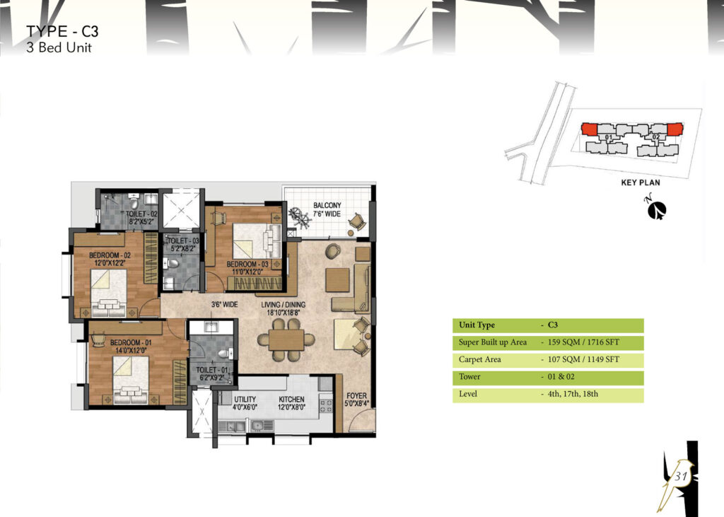 prestige woodland park, flats in cooke town bangaluru. 3br type c3