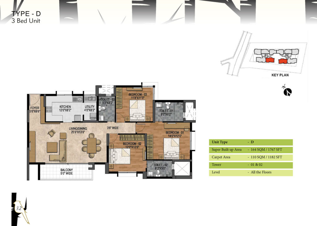 prestige woodland park, flats in cooke town bangaluru. 3br type d