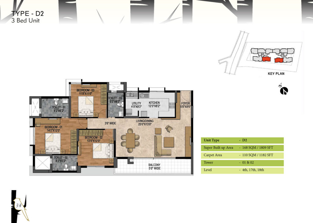 prestige woodland park, flats in cooke town bangaluru. 3br type d2