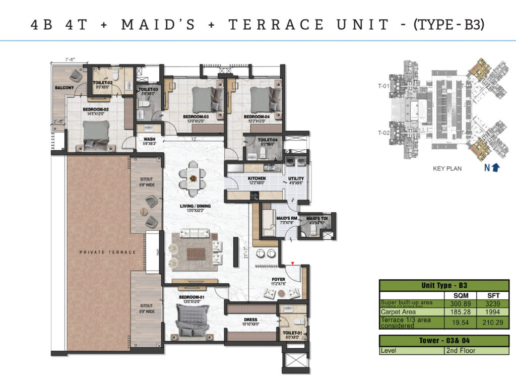 prestige ocean pearl, flats in westhills kerala. 4 br type b3