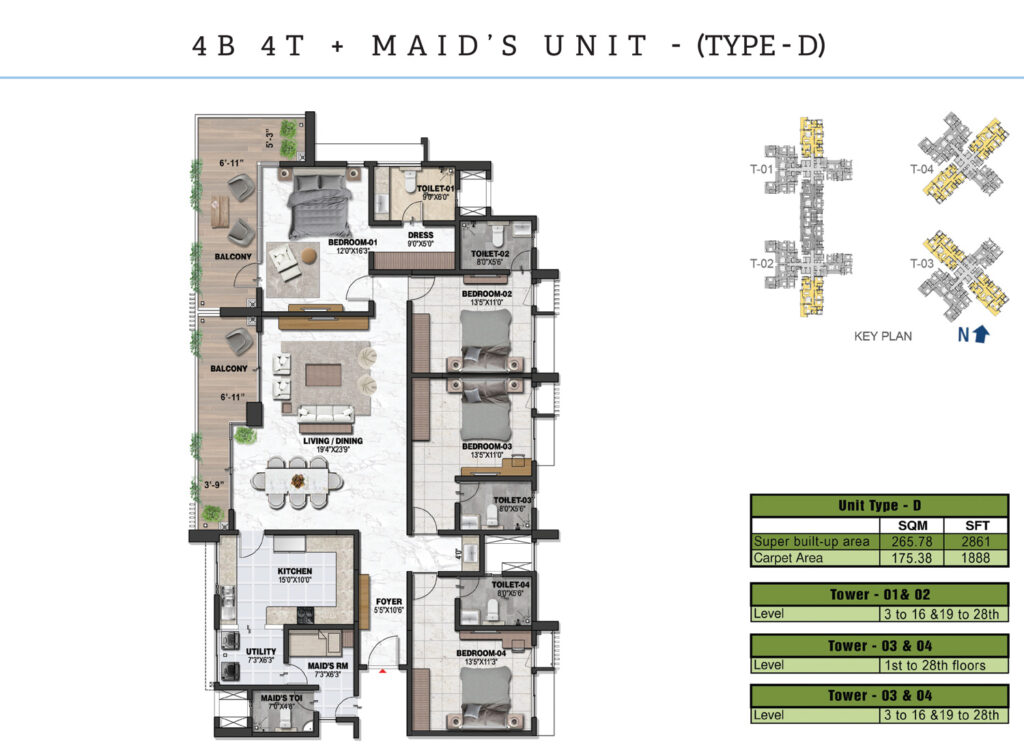 prestige ocean pearl, flats in westhills kerala. 4 br type d