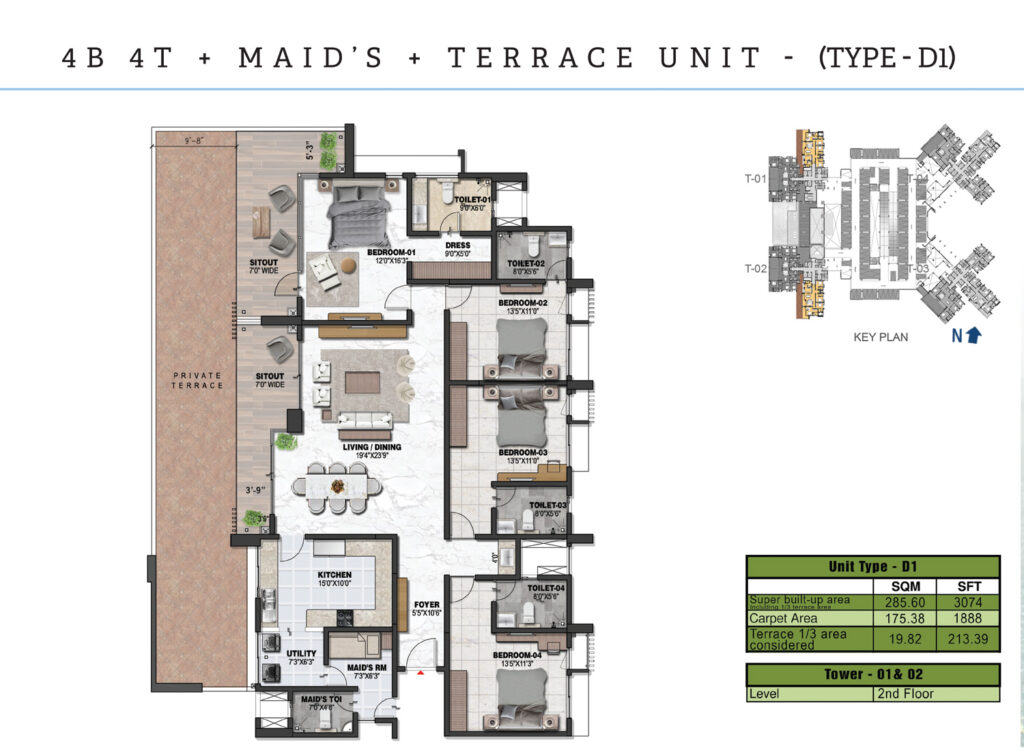 prestige ocean pearl, flats in westhills kerala. 4 br type d1