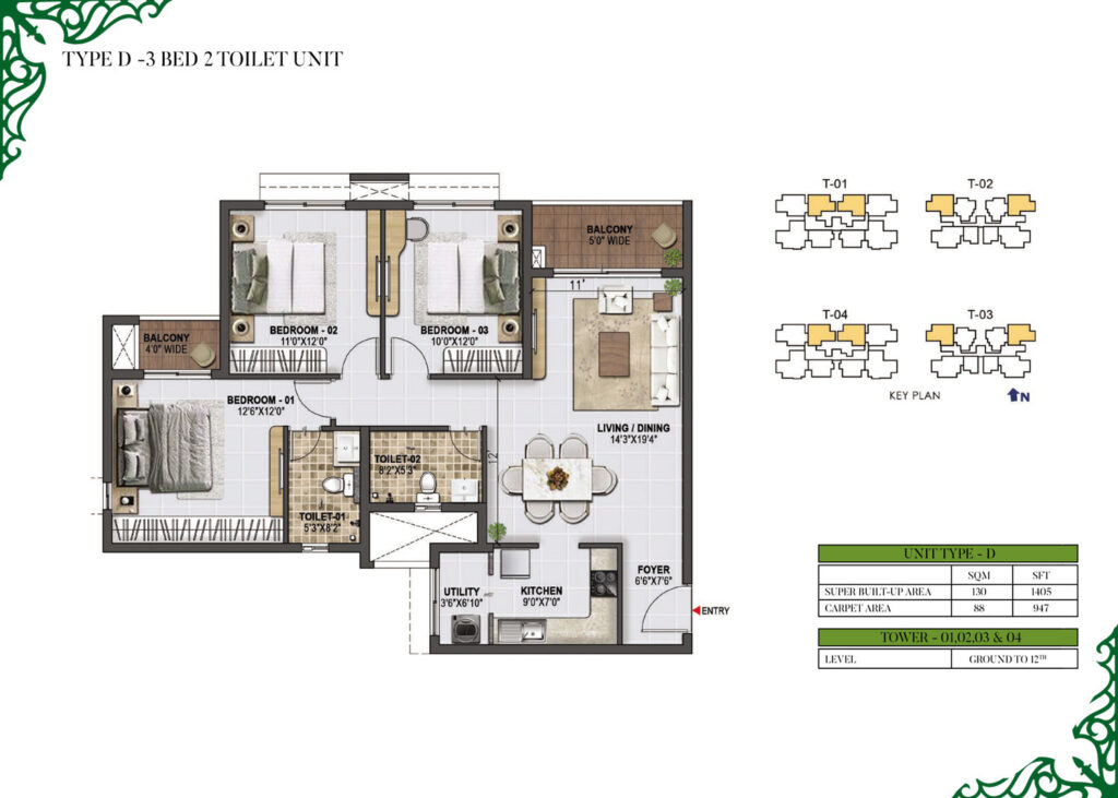 prestige green gables, flats in panathur bengaluru. 3br type d