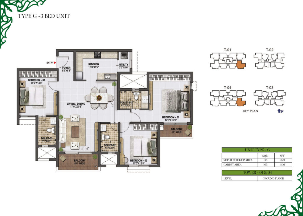 prestige green gables, flats in panathur bengaluru. 3br type g