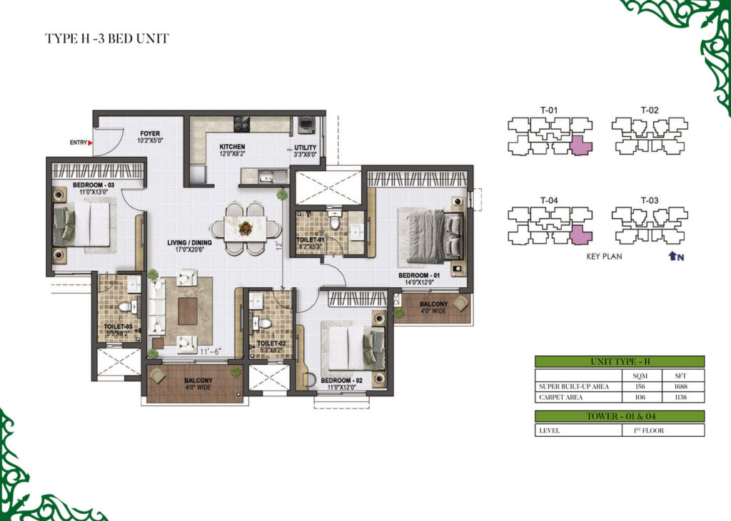 prestige green gables, flats in panathur bengaluru. 3br type h