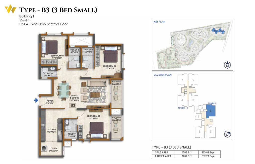 prestige waterford, flats in whitefield benagaluru. 3br type b3