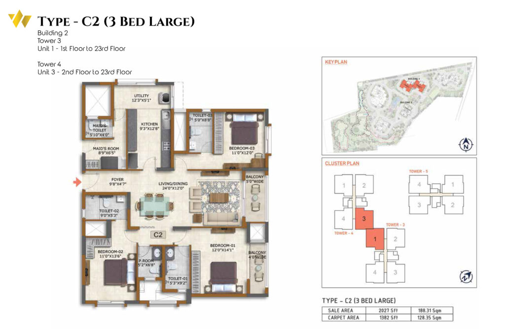 prestige waterford, flats in whitefield benagaluru. 3br type c2