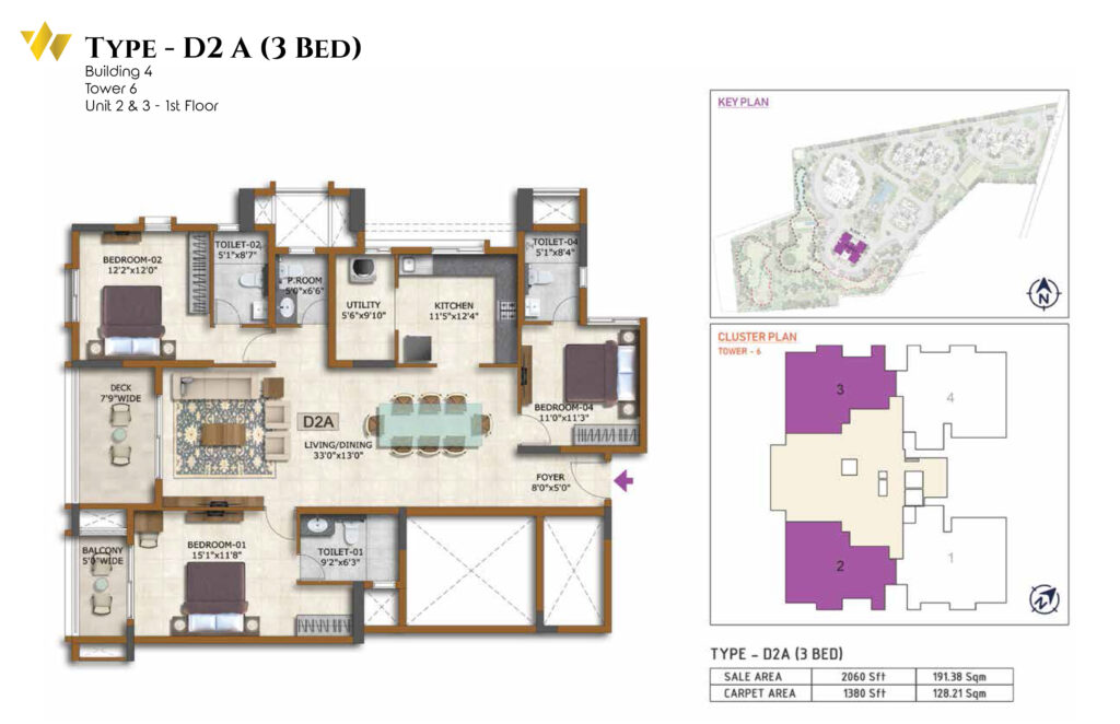 prestige waterford, flats in whitefield benagaluru. 3br type d2a
