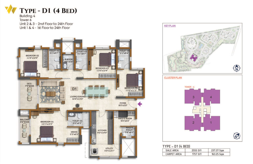 prestige waterford, flats in whitefield benagaluru. 4br type d1